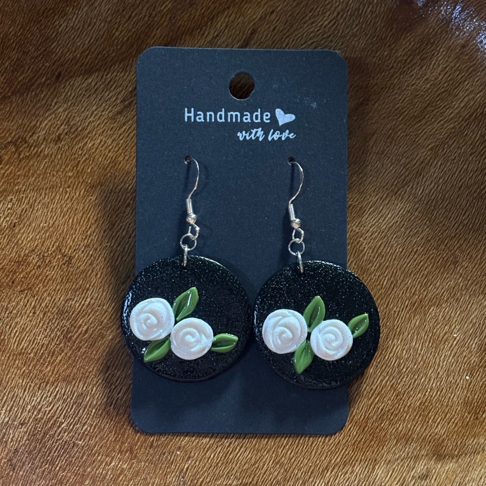 Black White Floral Polymer Clay Earrings